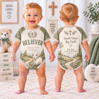 Front and back cream sage baby bodysuit with lamb path cross and BELIEVER text