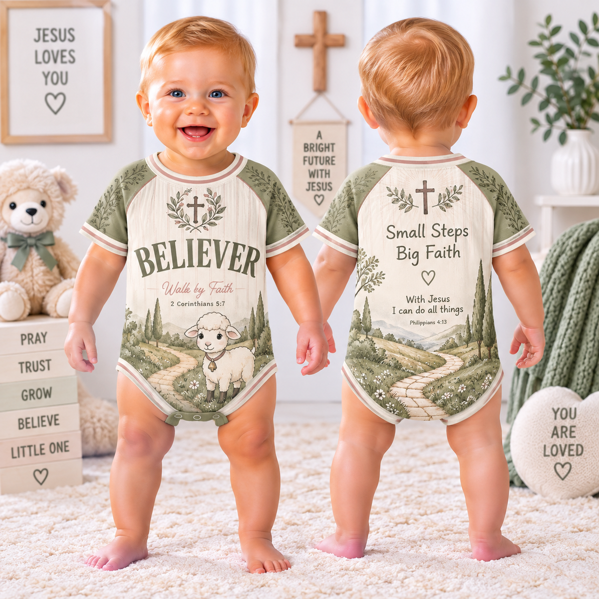 Front and back cream sage baby bodysuit with lamb path cross and BELIEVER text