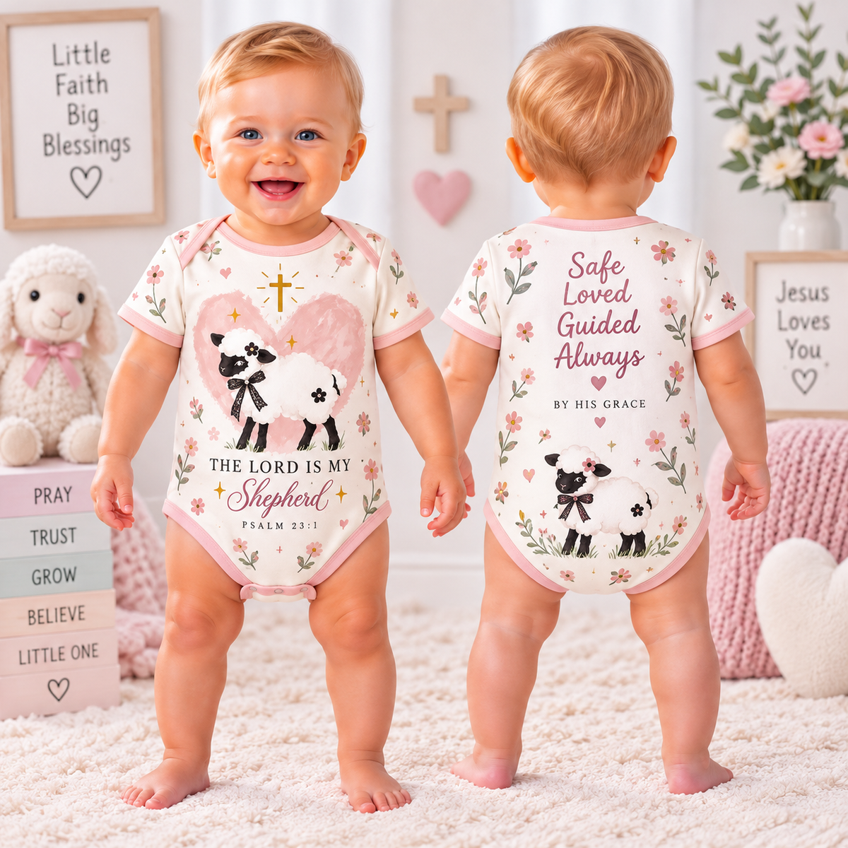 The Lord Is My Shepherd Lamb Floral Baby Bodysuit