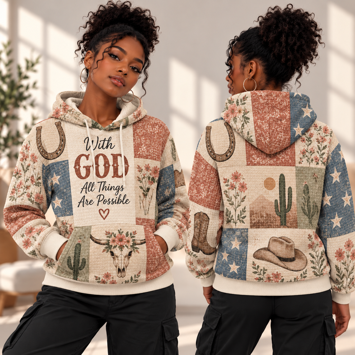Western Floral Patchwork Waffle Hoodie