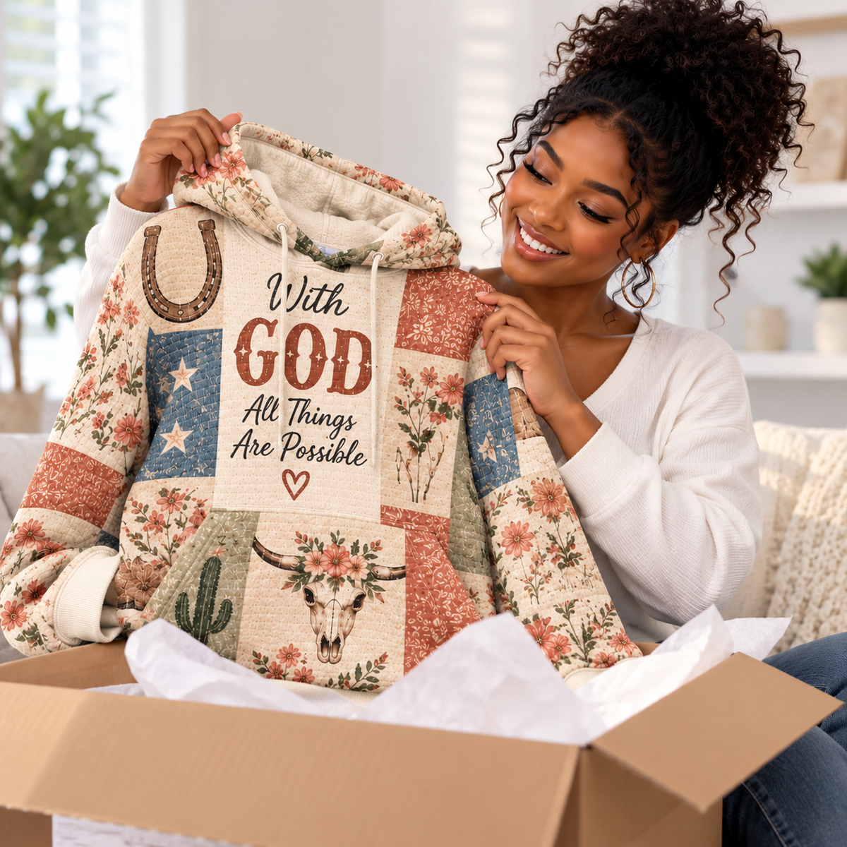Western Floral Patchwork Waffle Hoodie