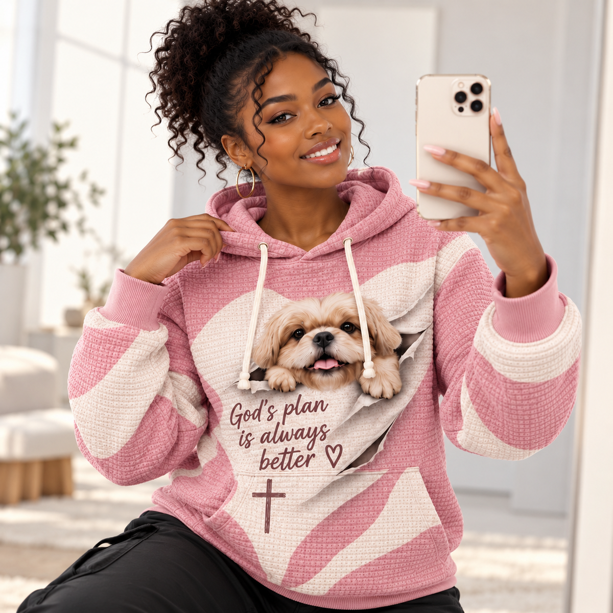 Pink Peekaboo Puppy Waffle Hoodie
