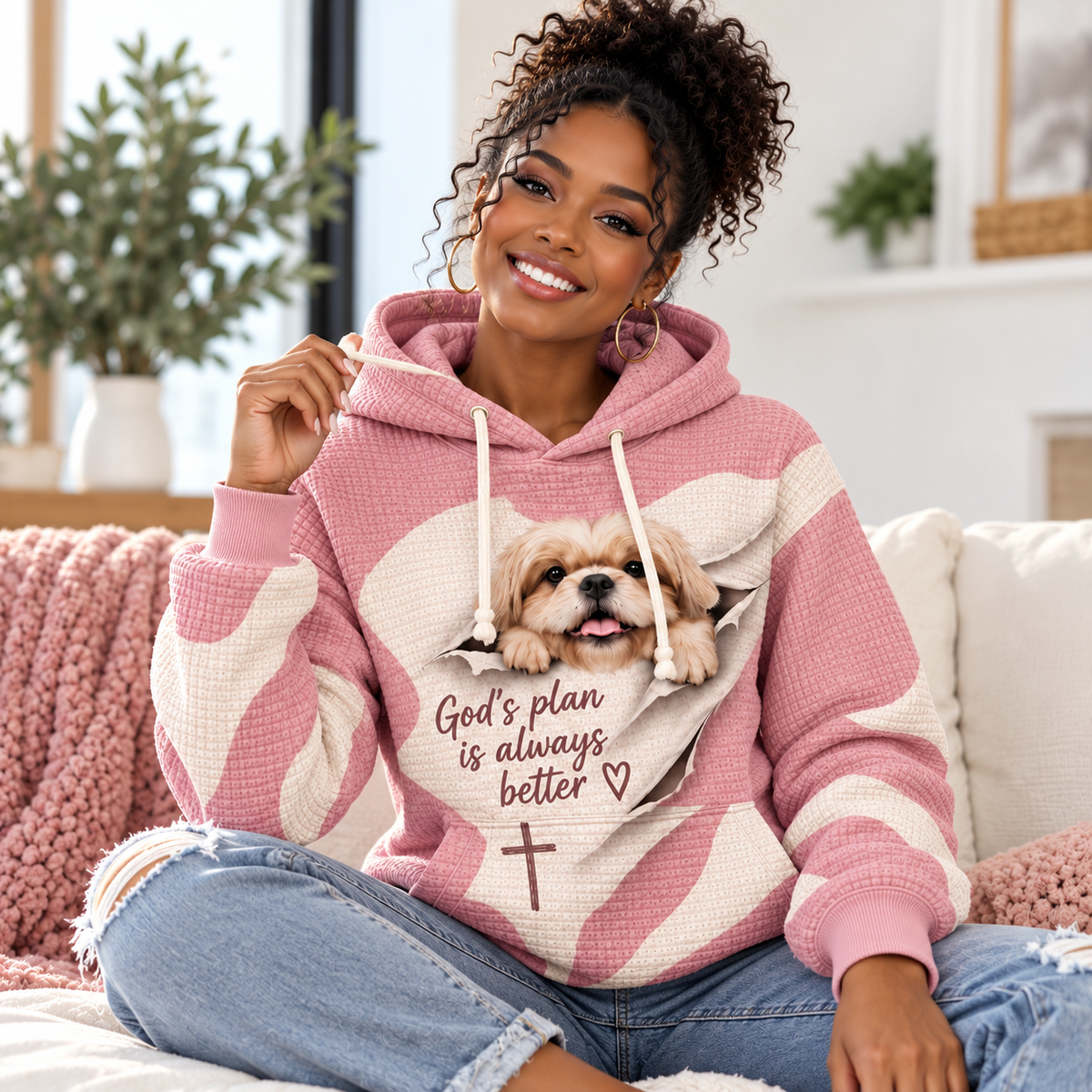Pink Peekaboo Puppy Waffle Hoodie