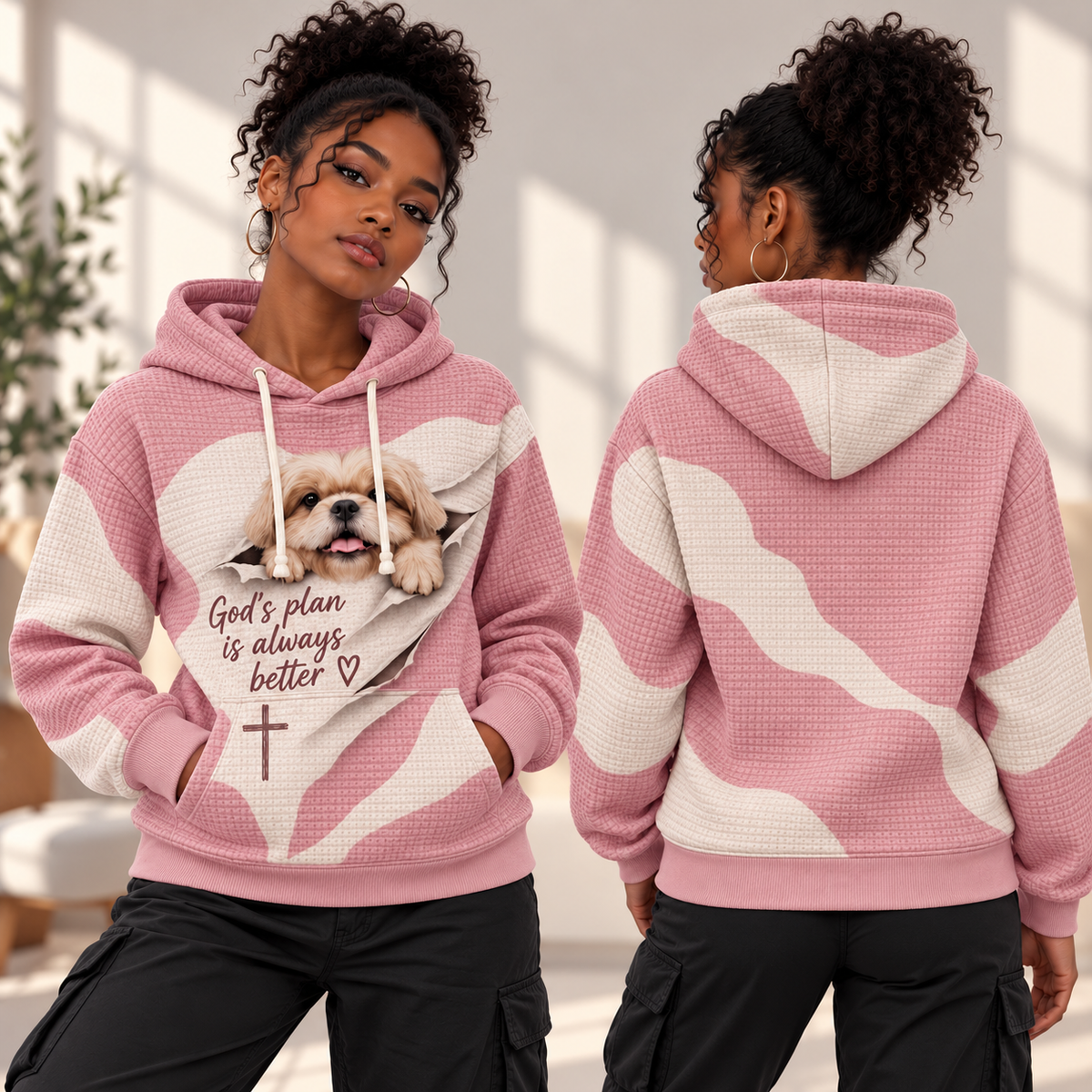 Pink Peekaboo Puppy Waffle Hoodie