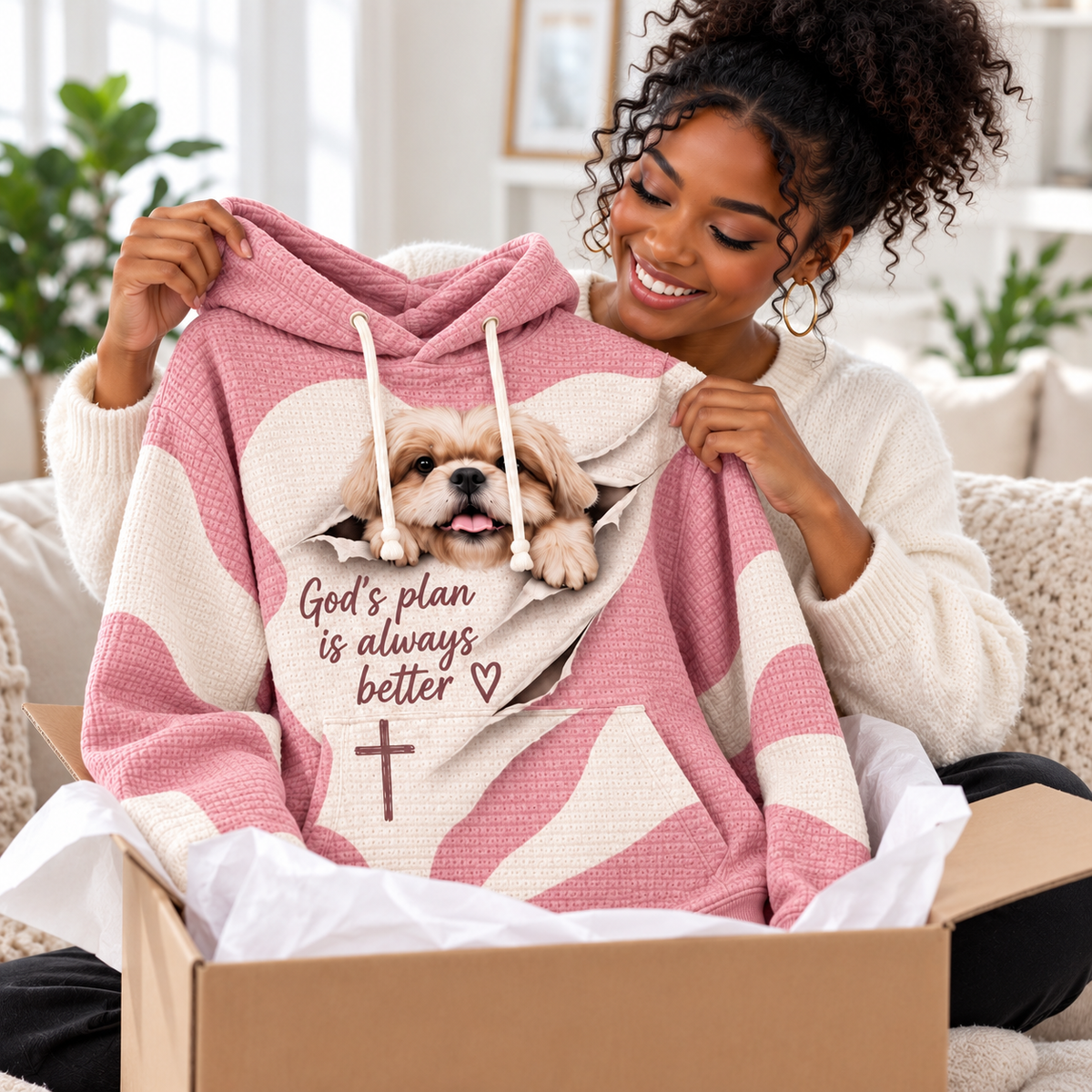 Pink Peekaboo Puppy Waffle Hoodie