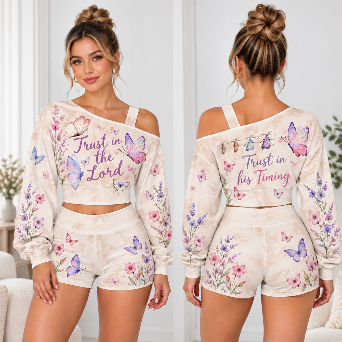 Trust In The Lord One-Shoulder Top And Shorts Set