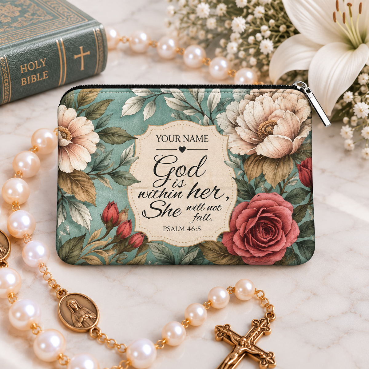 God Is Within Her Floral Personalized PU Leather Pouch