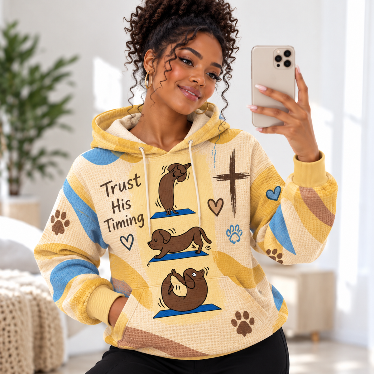 Yellow Yoga Dachshund Waffle Hoodie