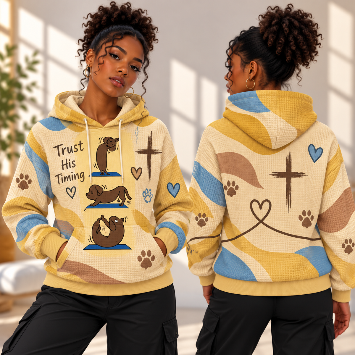 Yellow Yoga Dachshund Waffle Hoodie