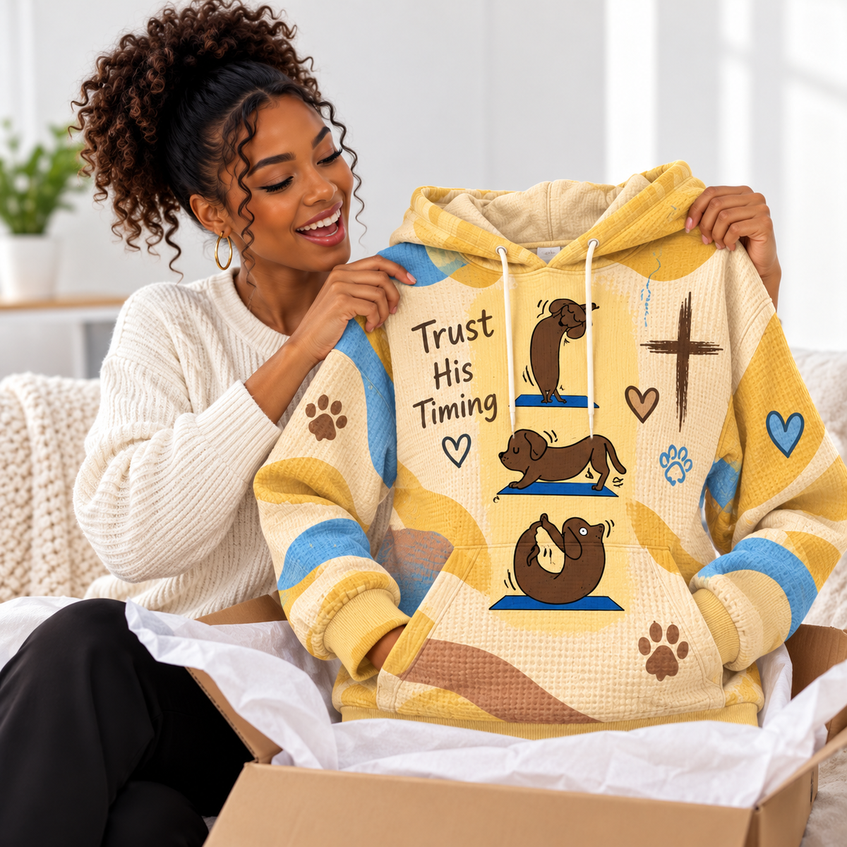 Yellow Yoga Dachshund Waffle Hoodie