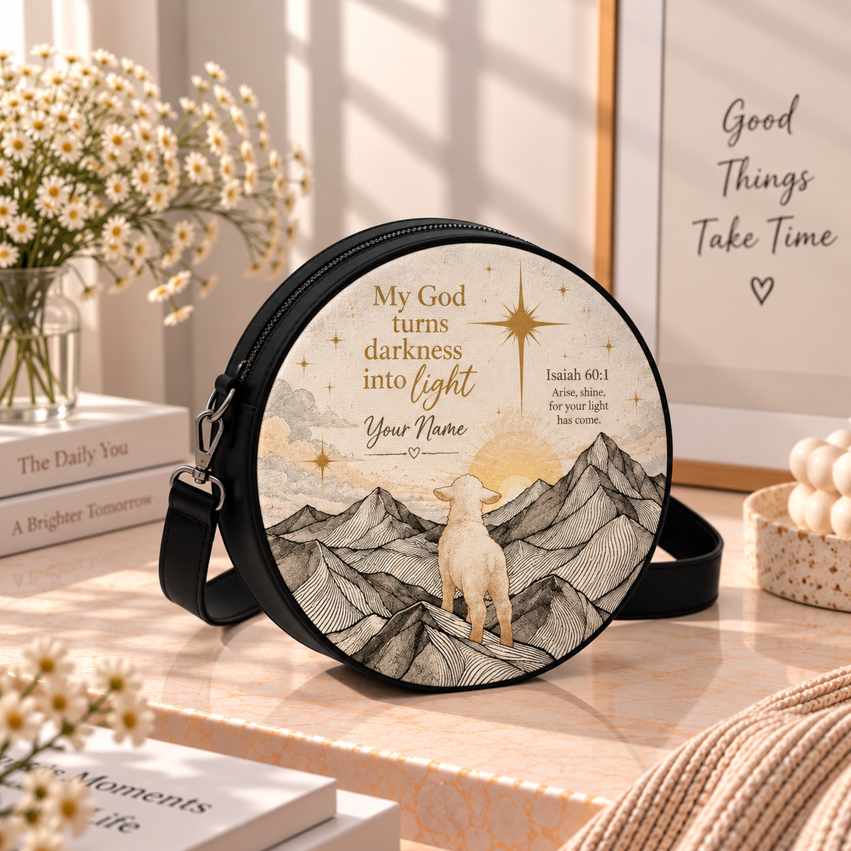 Personalized Lamb Darkness into Light Leather Round Bag