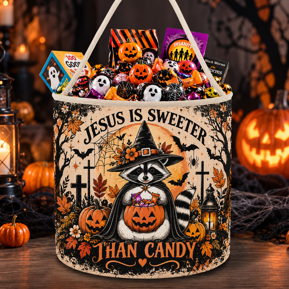 Jesus Is Sweeter Than Candy Raccoon Halloween Candy Basket