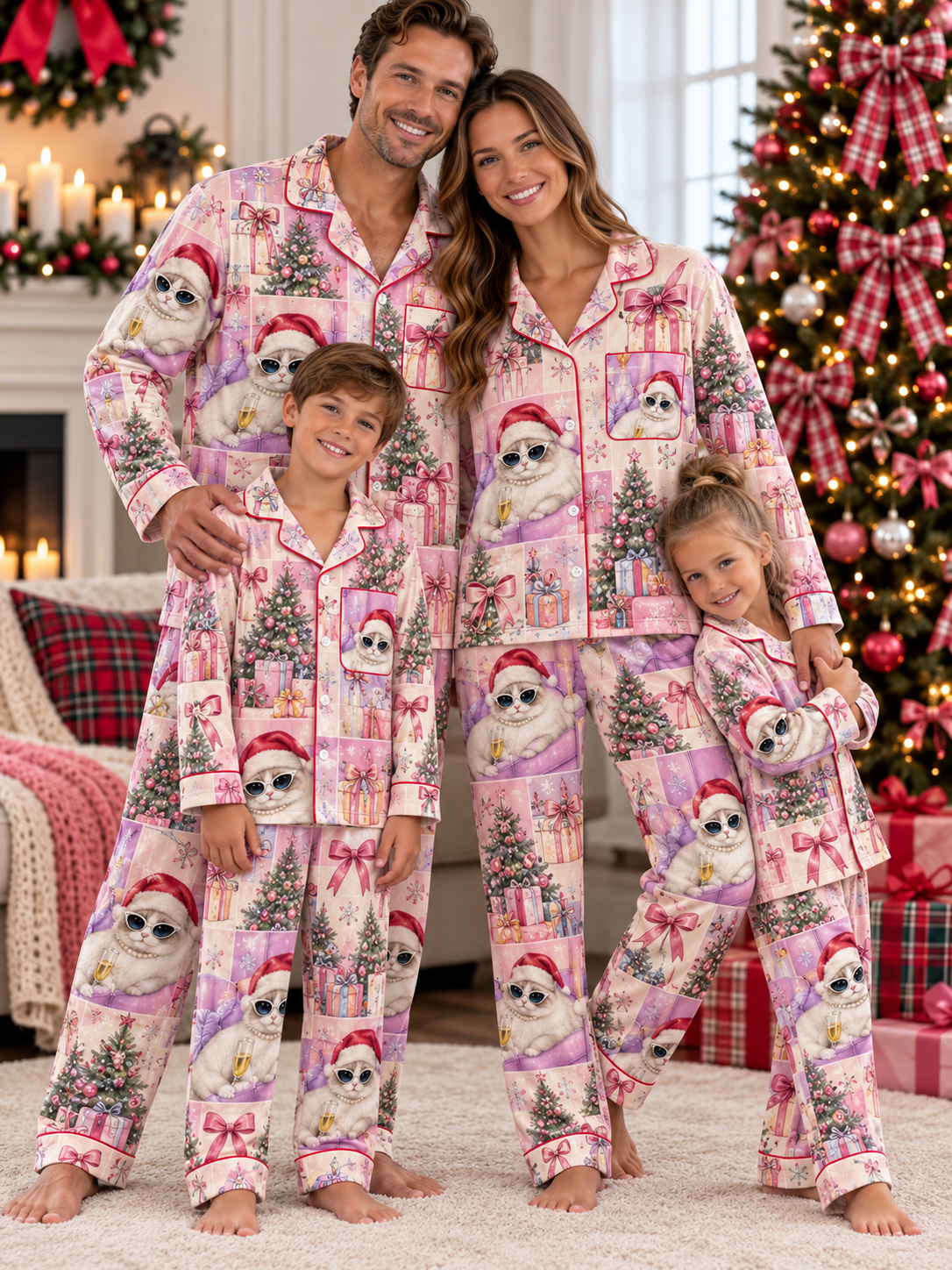 Pink Santa Cat Family Ice Silk Pajamas