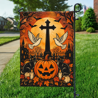 Cross Two Doves Black Cats Garden Flag