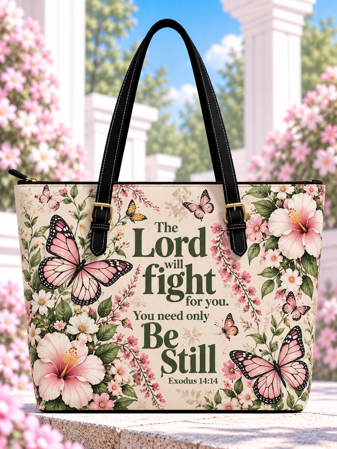 The Lord Will Fight For You Be Still Pink Butterfly Saddle Bag