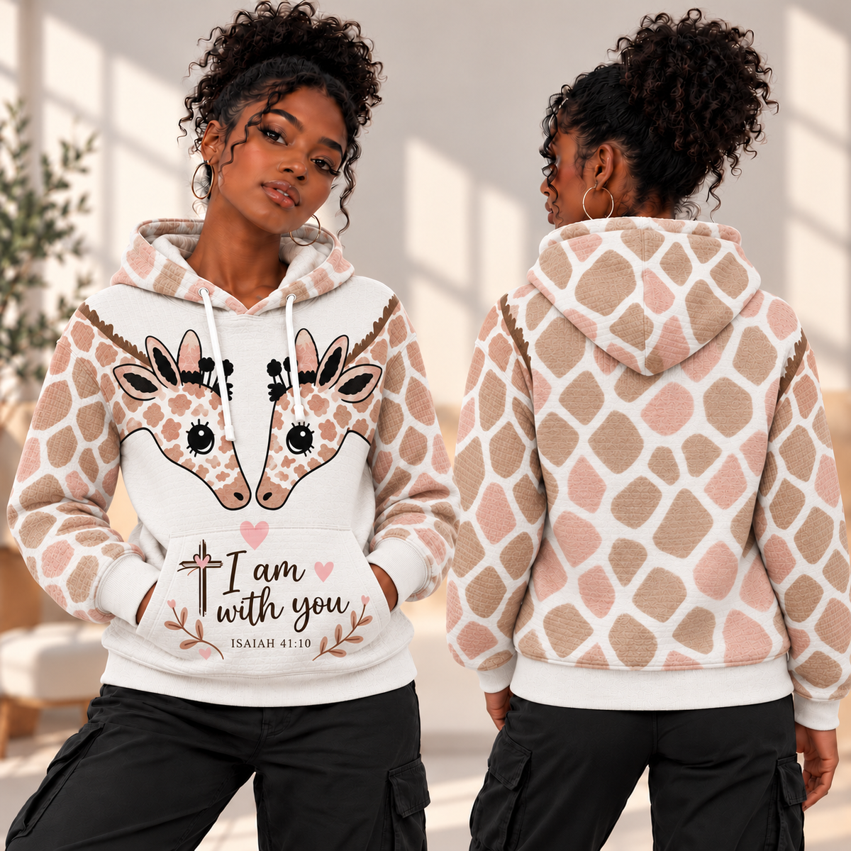 Pink Giraffe Duo Waffle Hoodie