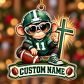 Personalized Green Football Monkey and Cross Ornament