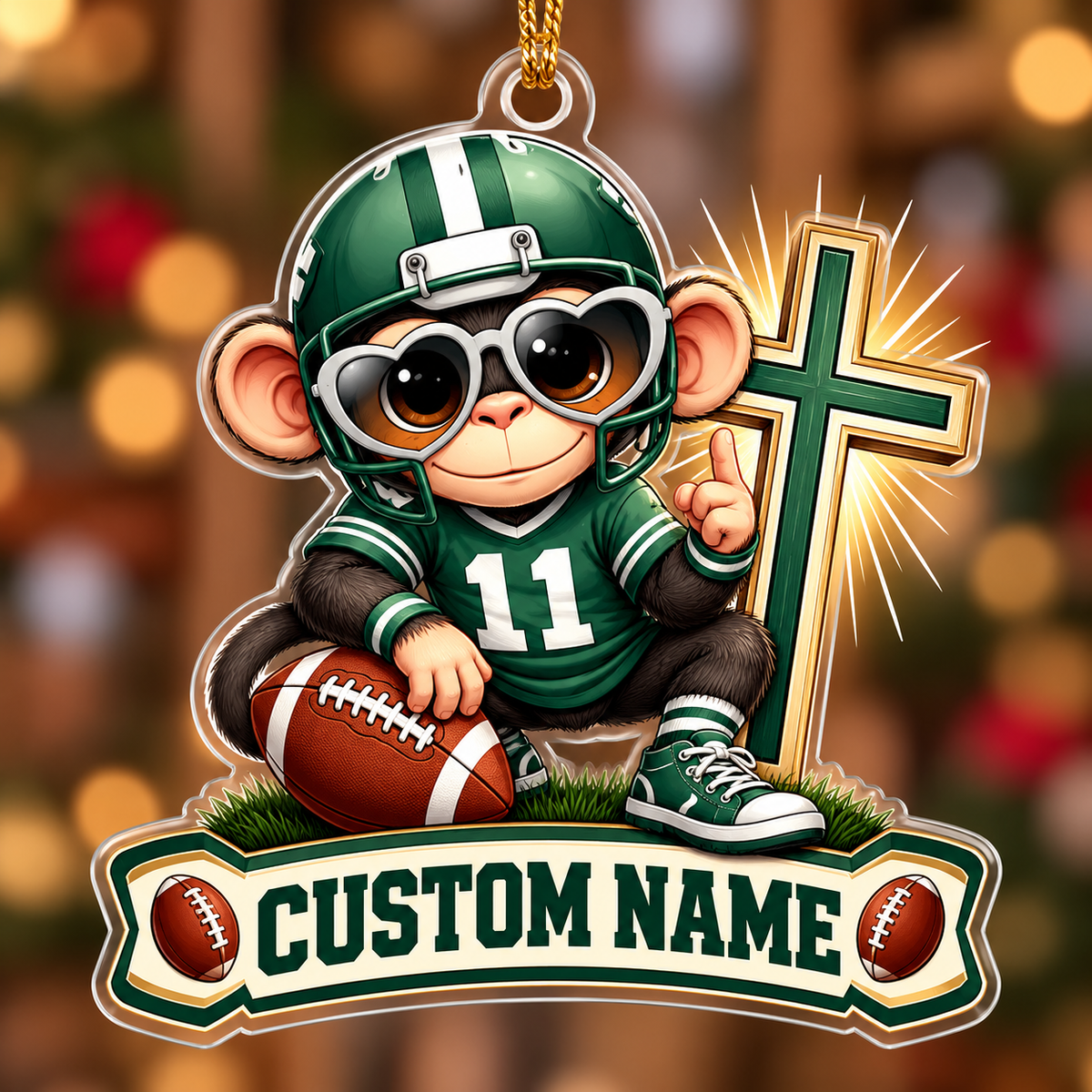 Personalized Green Football Monkey and Cross Ornament