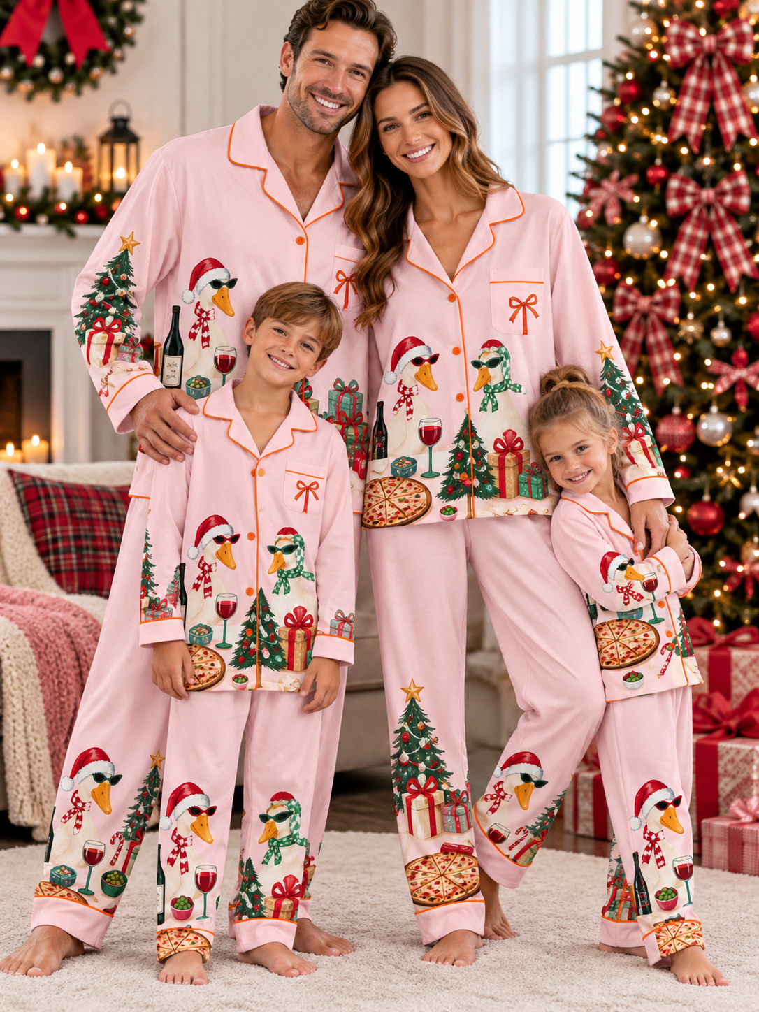 Santa Ducks and Pizza Family Ice Silk Pajamas