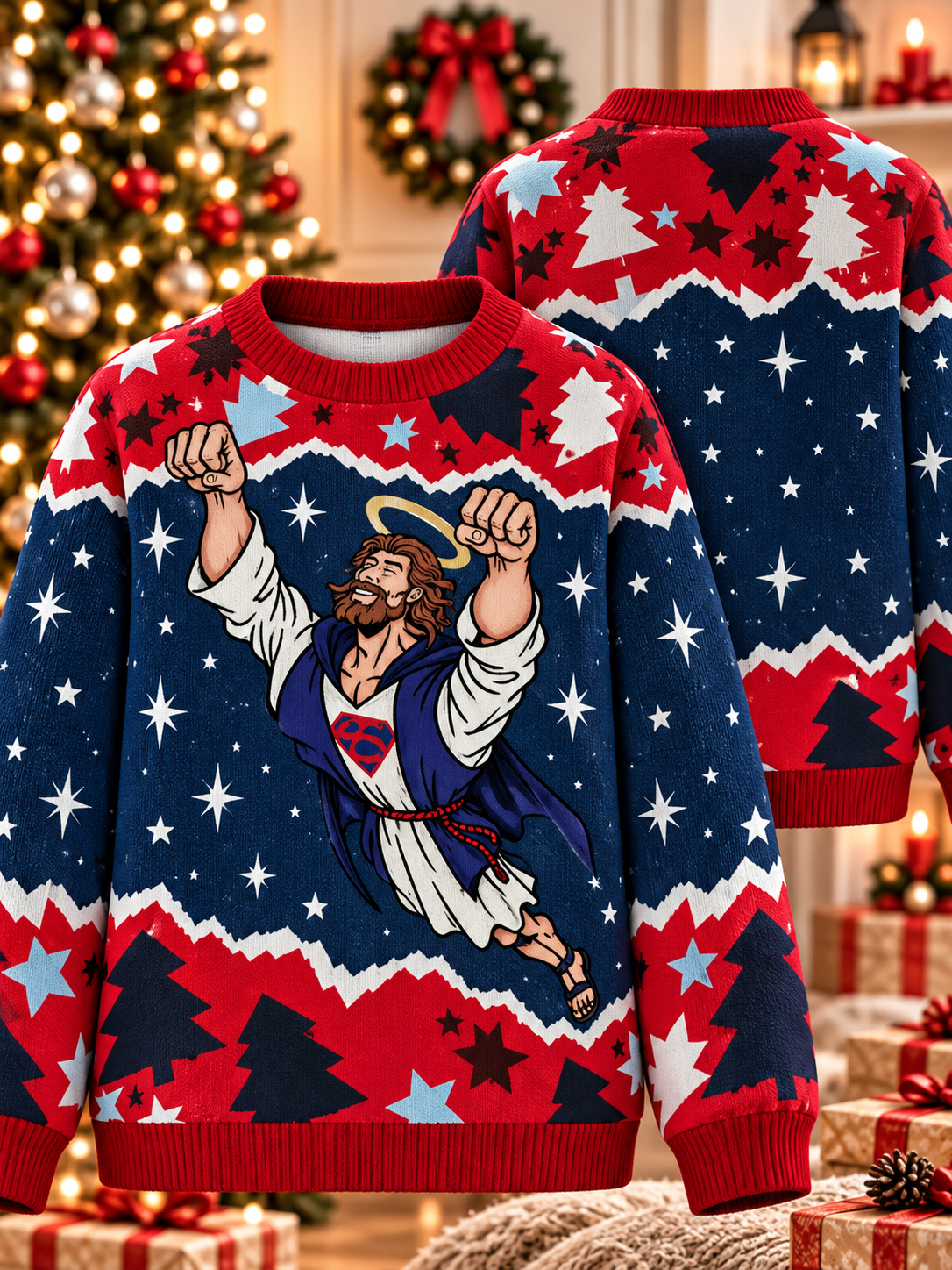 Superhero Jesus Ugly Sweater