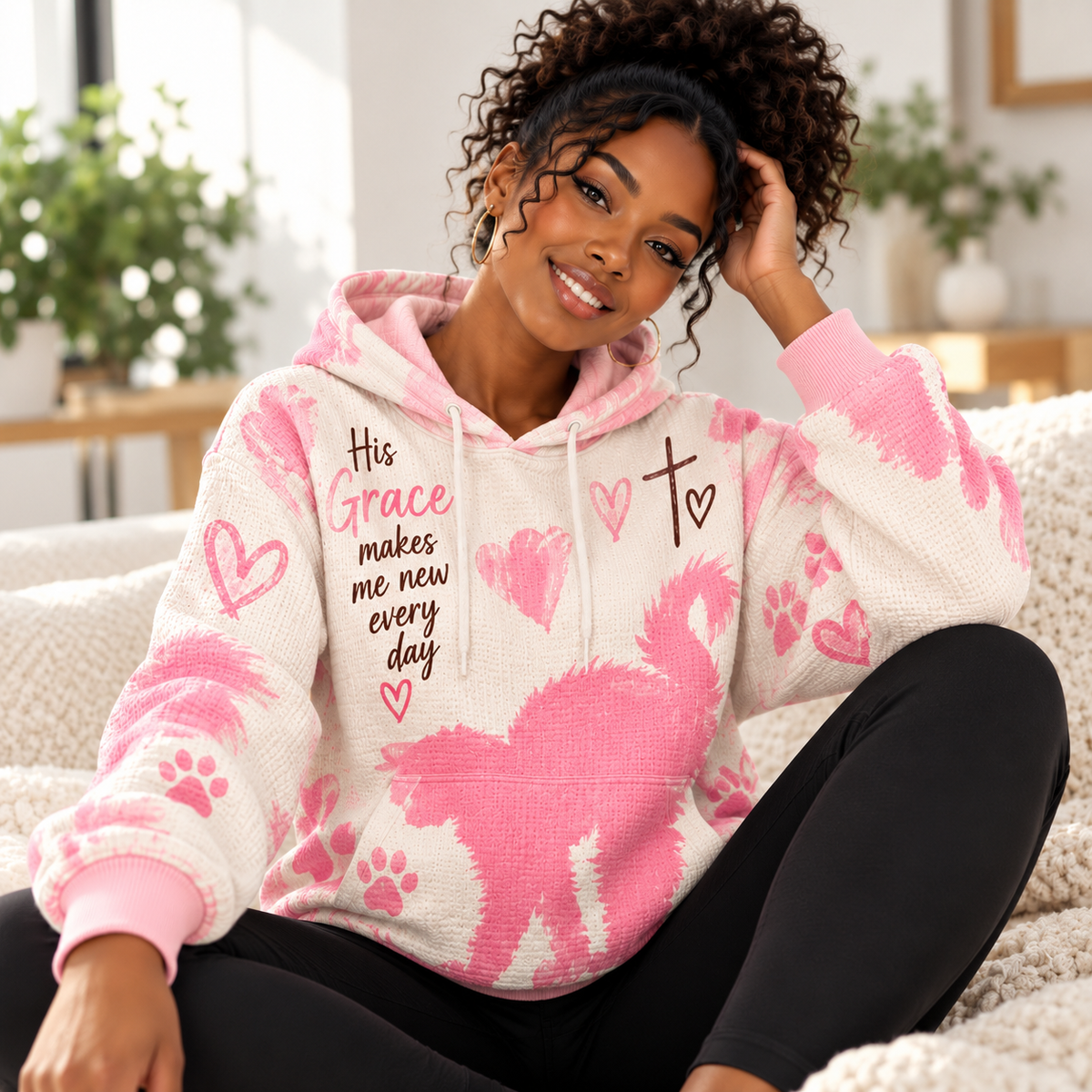 Pink Cat Silhouette Waffle Hoodie