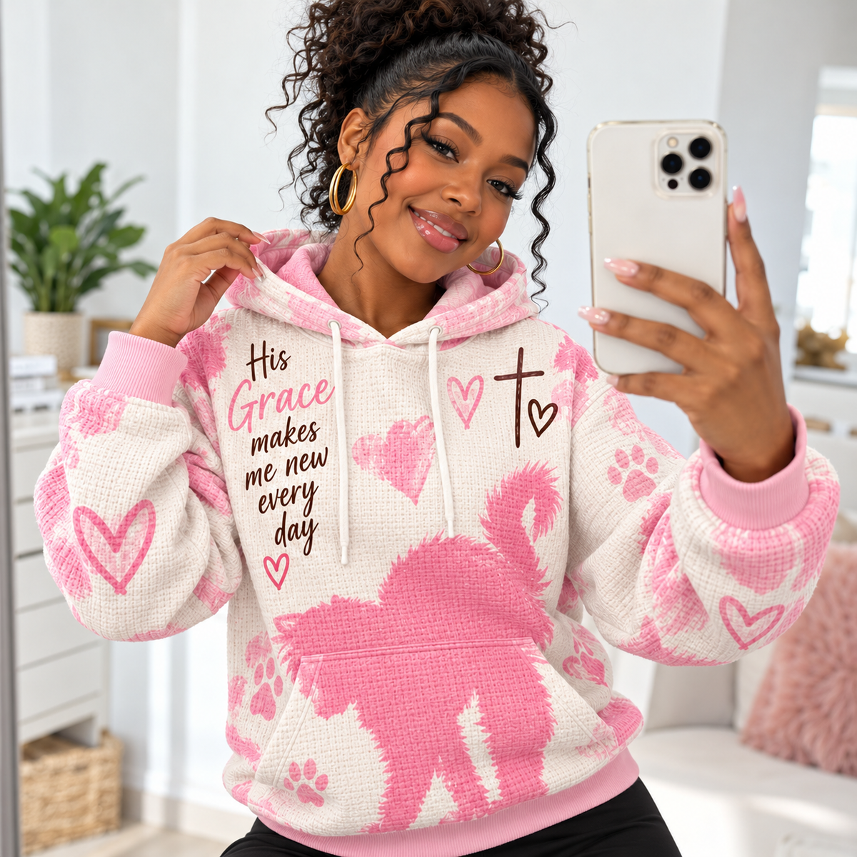 Pink Cat Silhouette Waffle Hoodie