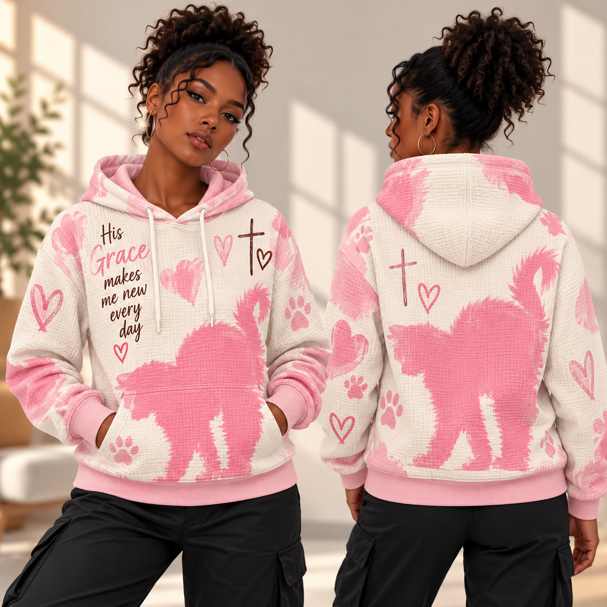 Pink Cat Silhouette Waffle Hoodie