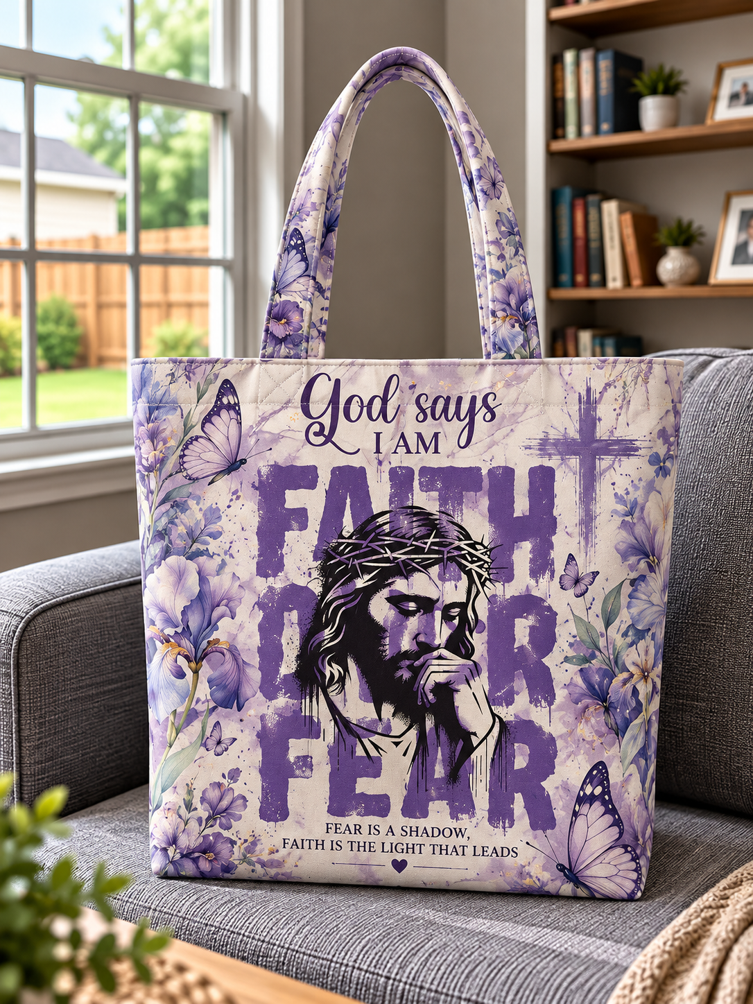 God Says I Am Faith Over Fear Purple Jesus Iris Tote Bag