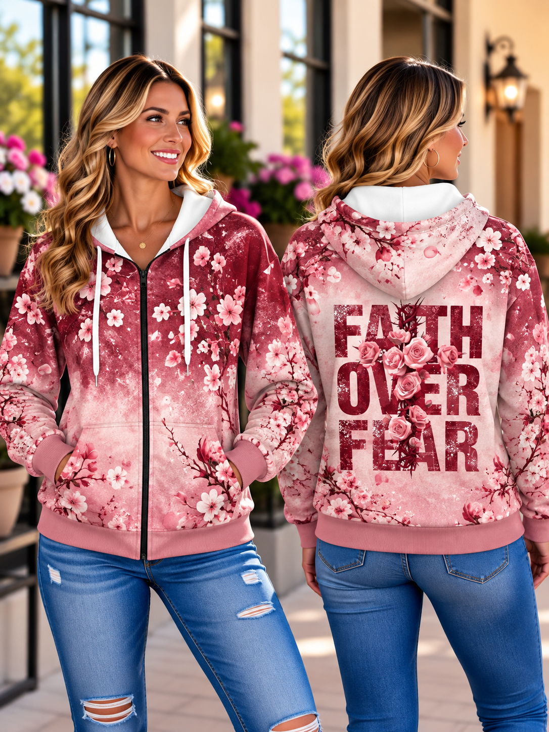 Faith Over Fear Rose Blossom Zip Hoodie
