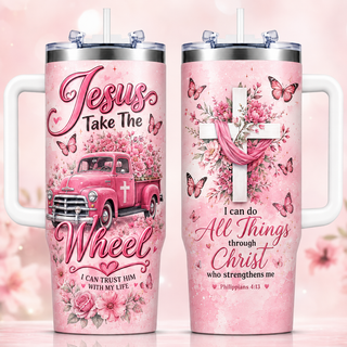 Jesus Take The Wheel Vintage Pink 40oz Top Tumbler