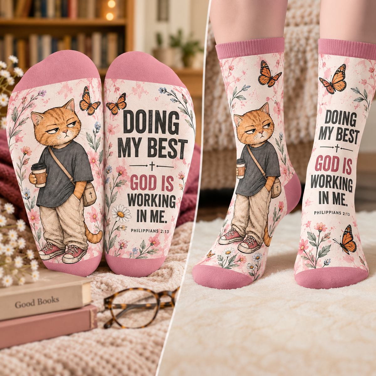 Doing My Best God Is Working In Me Cat Mid-Tube Socks