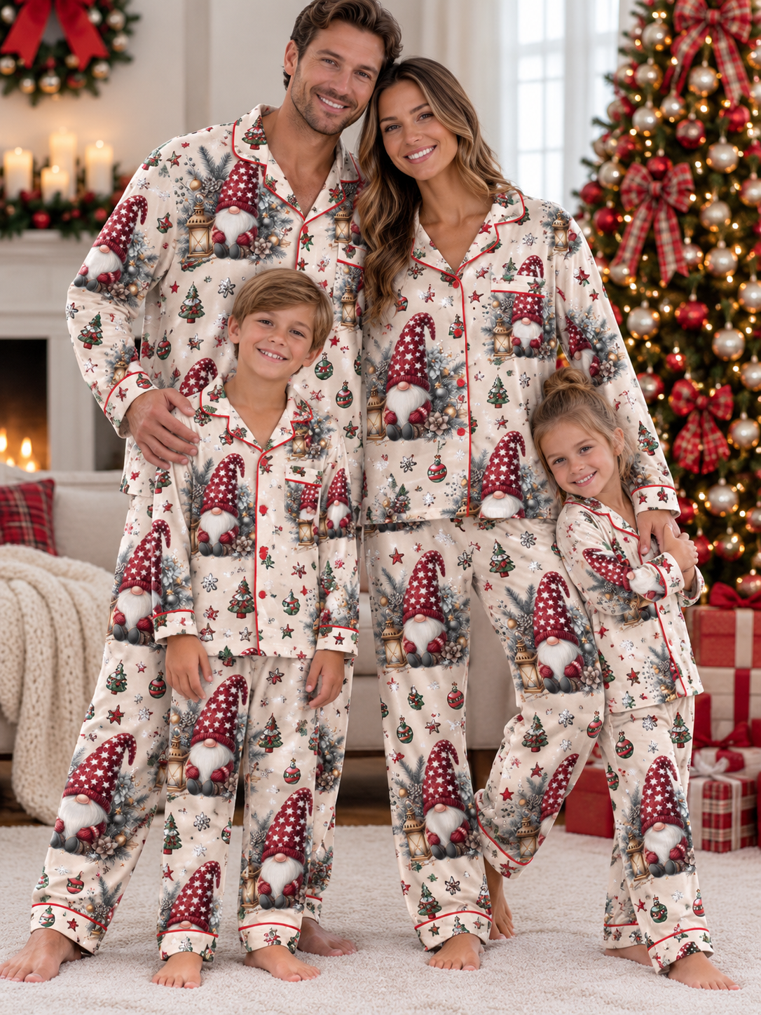 Christmas Gnome Lantern Family Ice Silk Pajamas