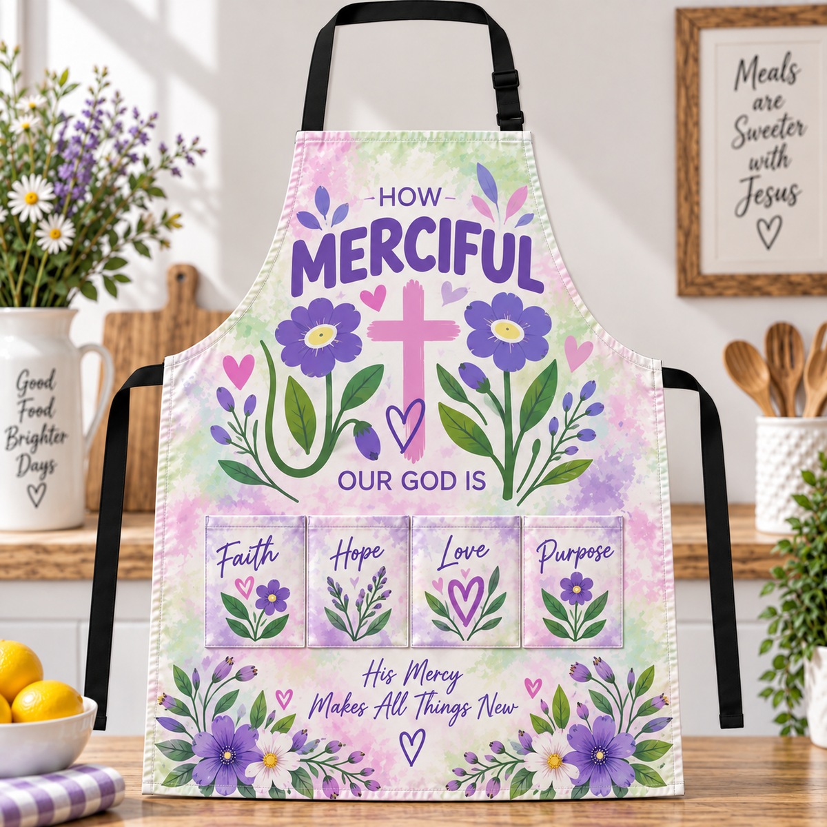 How Merciful Our God Is Pastel Floral Apron