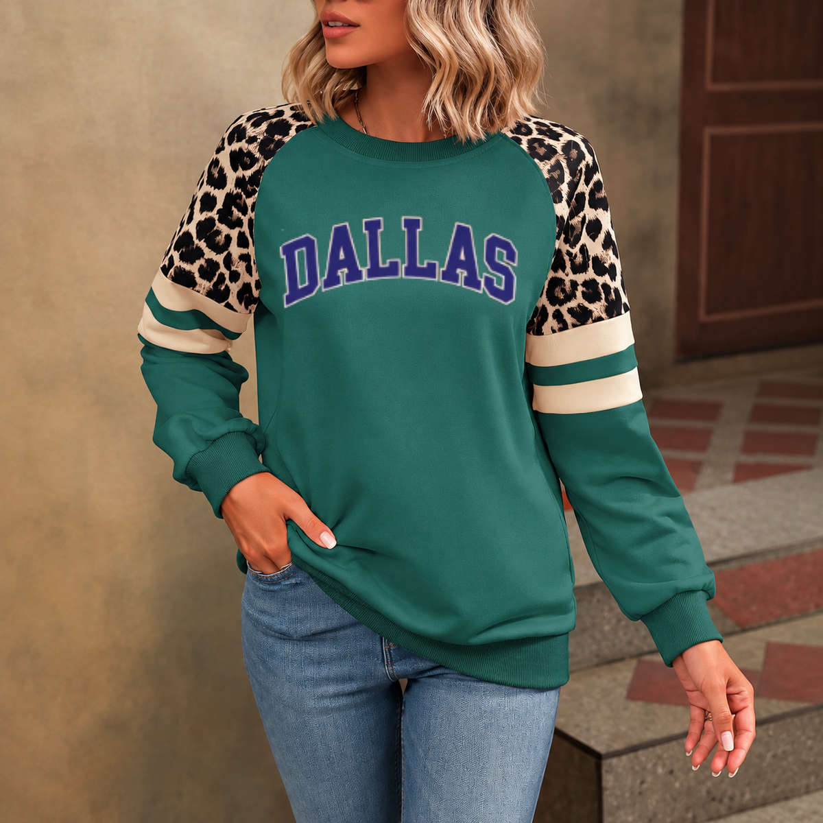 Dallas God Is In DAL Leopard Sleeve Sweatshirt