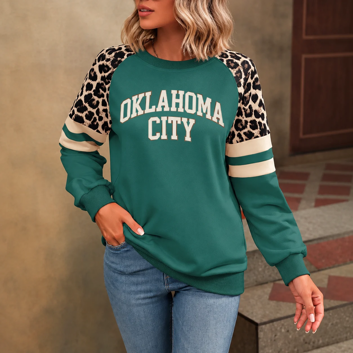 Oklahoma City God Is In OKC Leopard Sleeve Sweatshirt