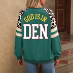 Denver God Is In DEN Leopard Sleeve Sweatshirt