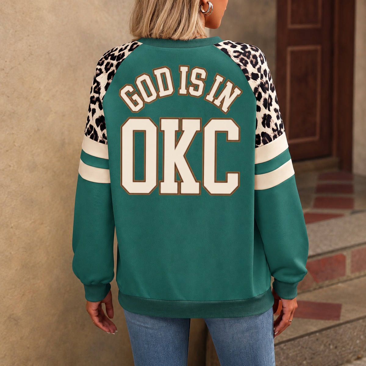Oklahoma City God Is In OKC Leopard Sleeve Sweatshirt