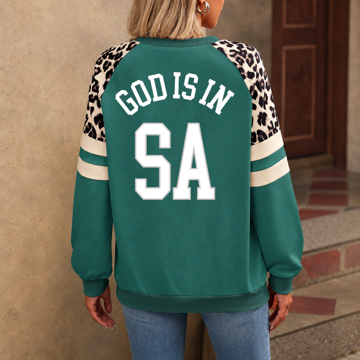 San Antonio God Is In SA Leopard Sleeve Sweatshirt