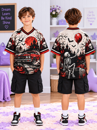 Red Muscle Car Skeleton Kids T-Shirt Jersey
