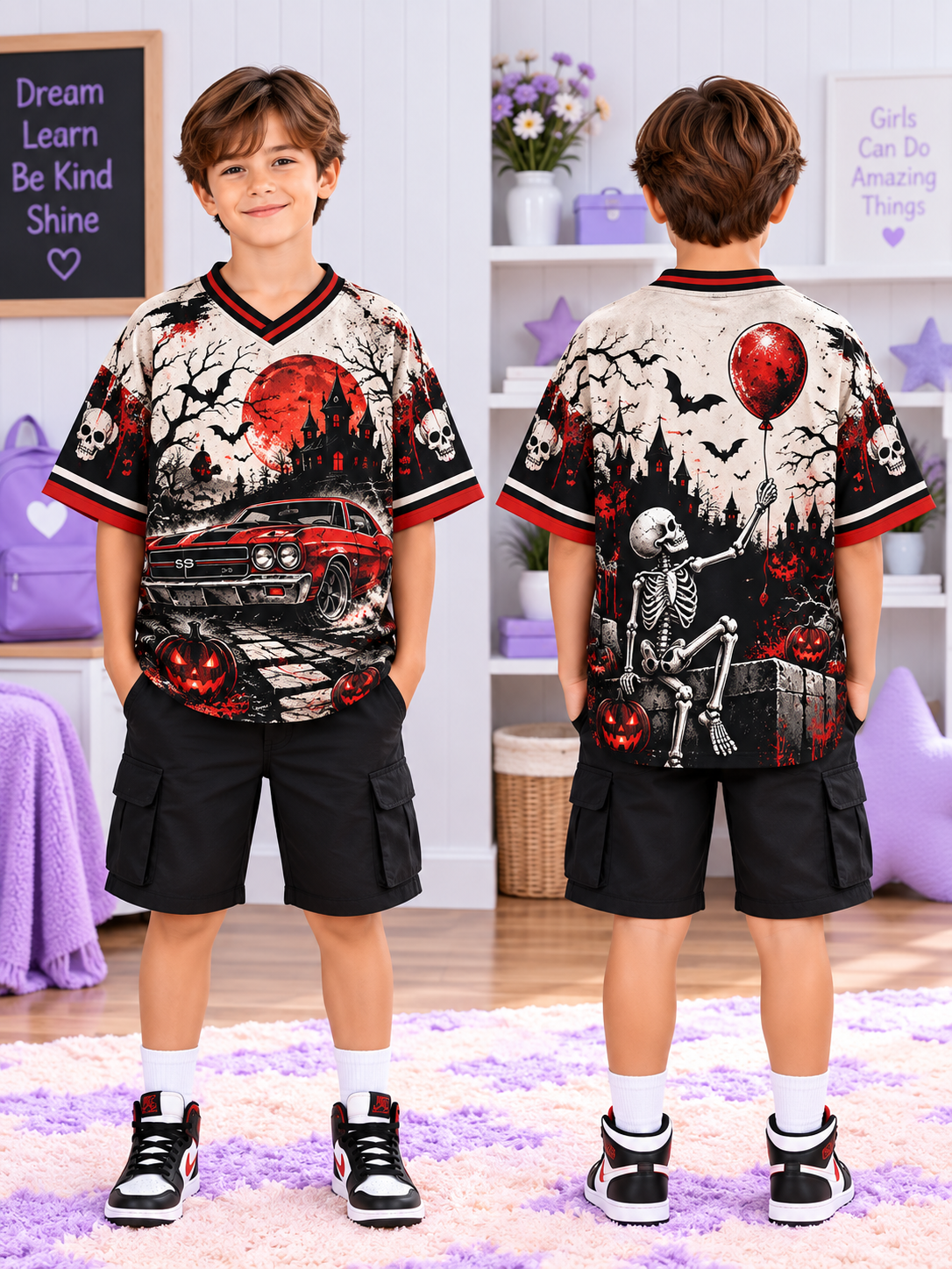 Red Muscle Car Skeleton Kids T-Shirt Jersey