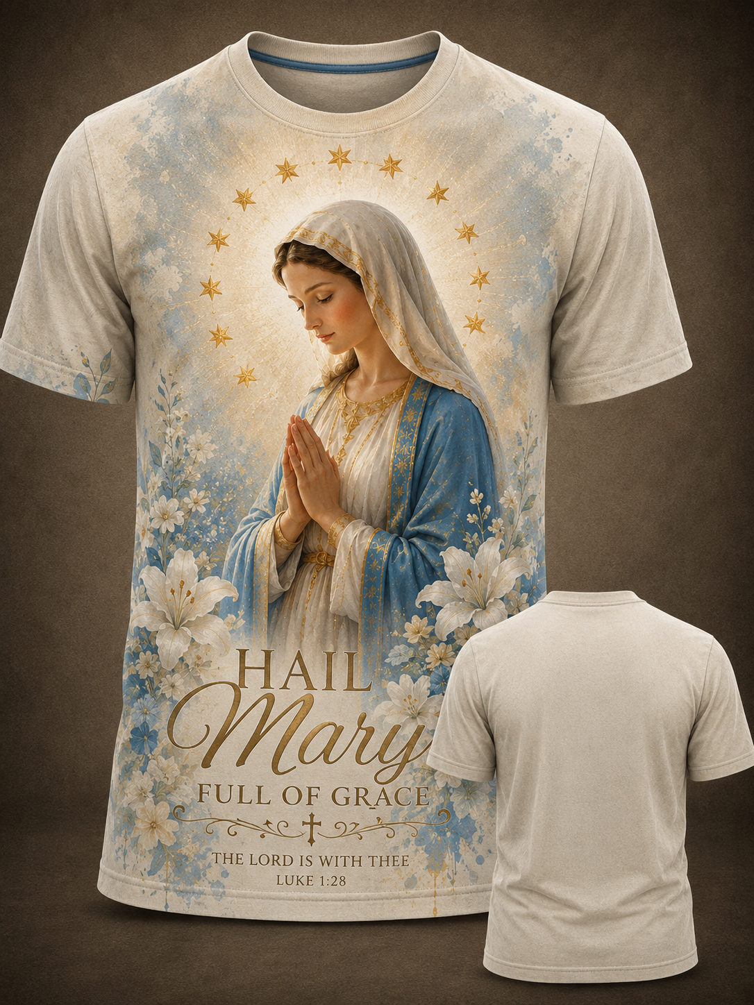 Hail Mary Full of Grace T-Shirt – Luke 1:28 Virgin Mary Praying Lily Floral All-Over Print Catholic Shirt