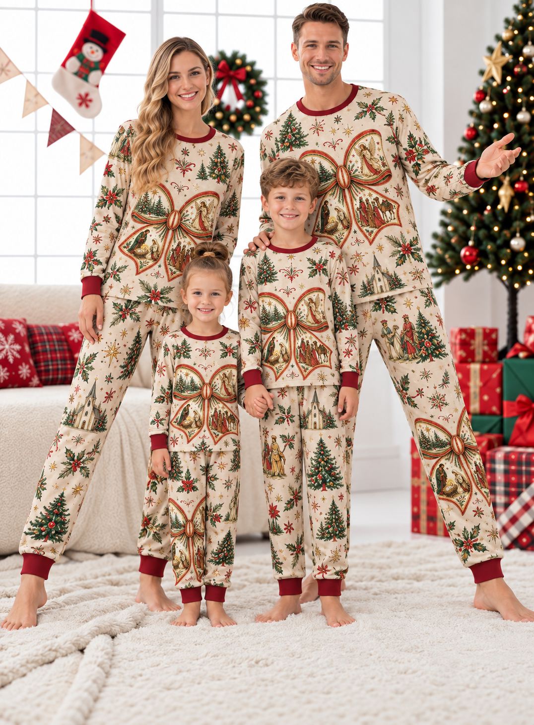 Vintage Christmas Bow Family Mixed Cotton Pajamas