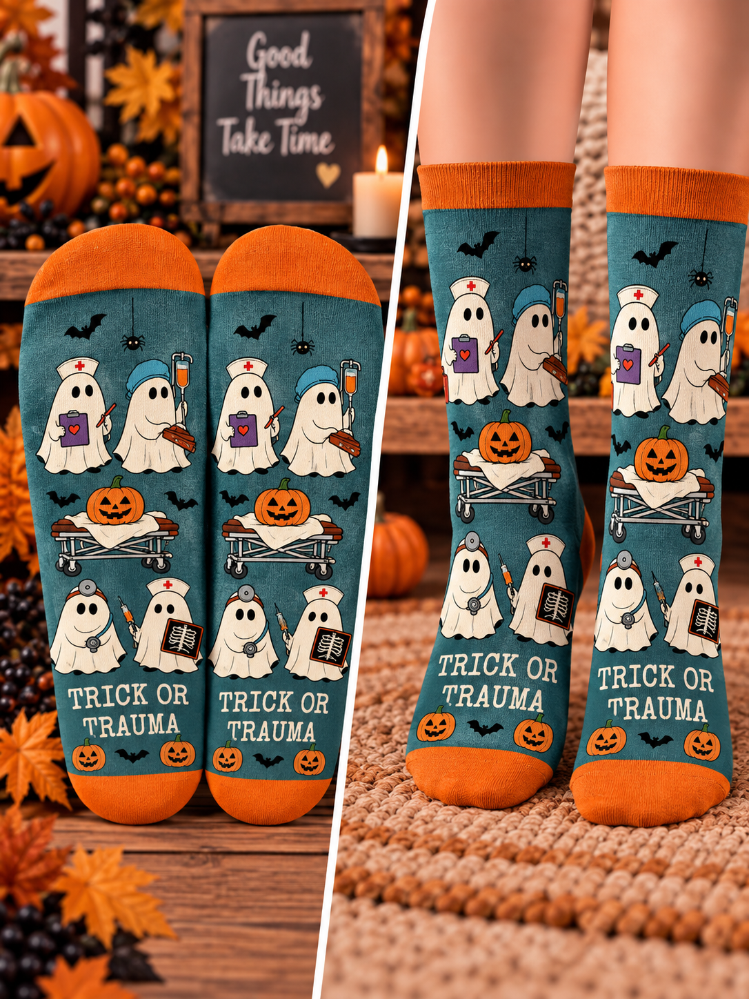 Trick or Trauma Nurse Ghost Mid-Tube Socks