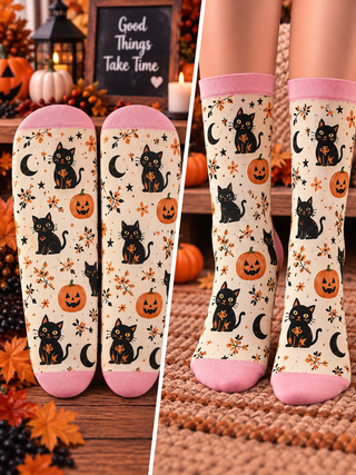 Black Cat Pumpkin Mid-Tube Socks