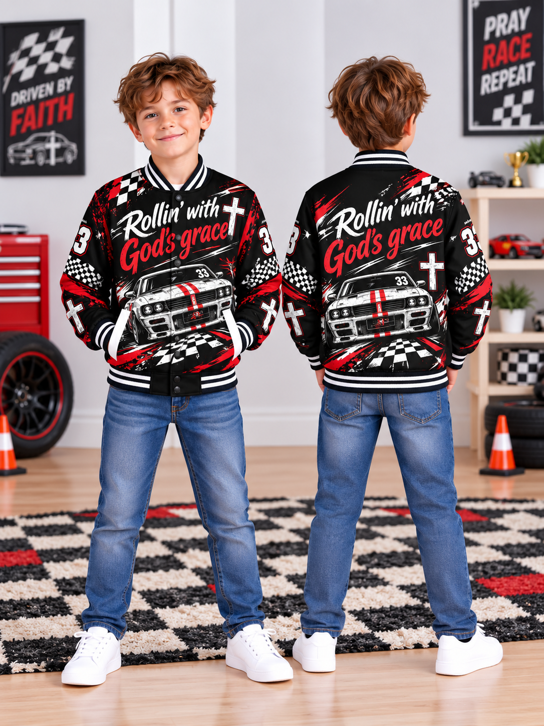 Rollin With Gods Grace Race Car Kids Baseball Jacket