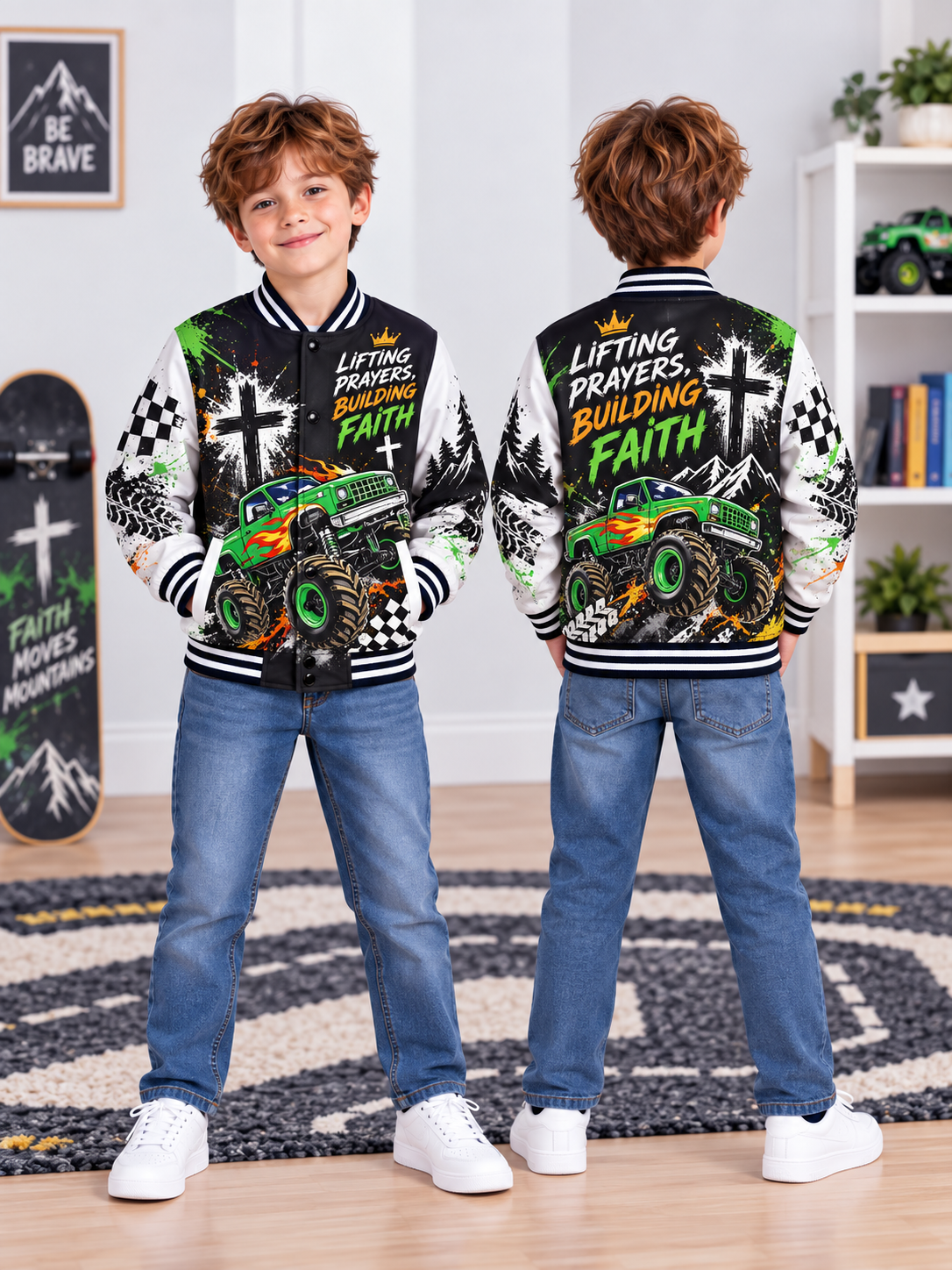 Lifting Prayers Monster Truck Kids Baseball Jacket