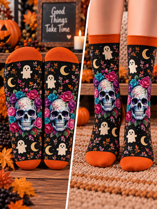 Floral Skull Ghost Mid-Tube Socks