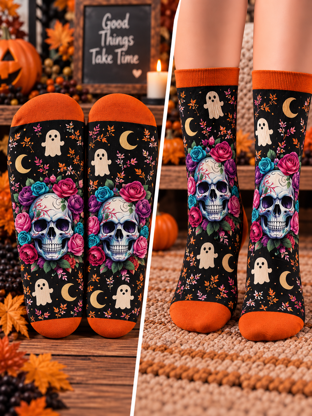 Floral Skull Ghost Mid-Tube Socks