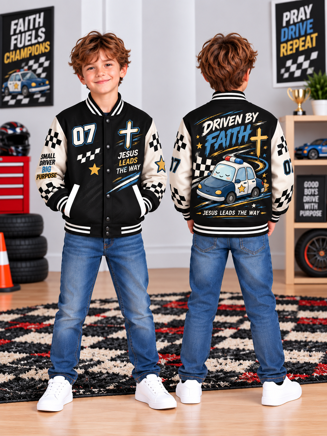 Driven By Faith Police Car Kids Baseball Jacket