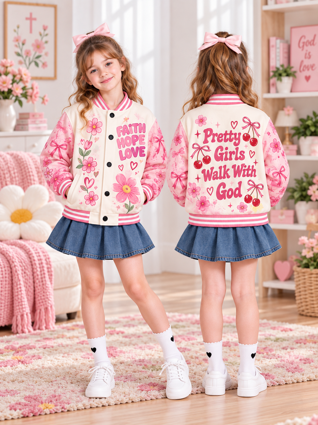 Pretty Girls Walk With God Kids Baseball Jacket